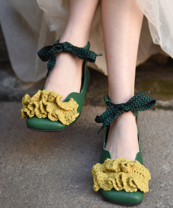 Green Knit Splicing Genuine Leather Cross Strap Flats Shoes RT1031