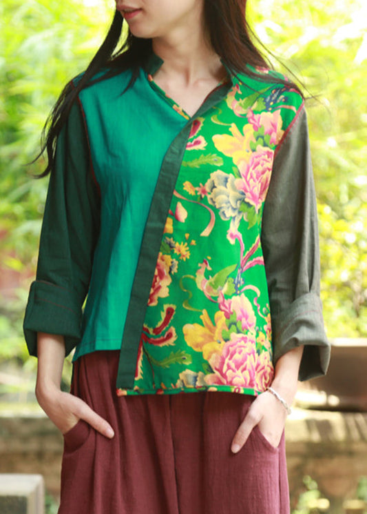 Green Print Asymmetrical Shirt Long Sleeve VB1023