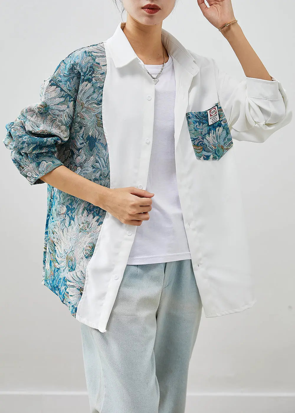 Handmade Colorblock Asymmetrical Patchwork Cotton Shirts Fall Ada Fashion