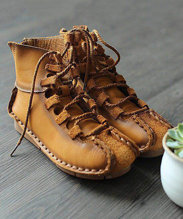 Handmade Khaki Lace Up Zippered Cowhide Leather Ankle Boots RT1048
