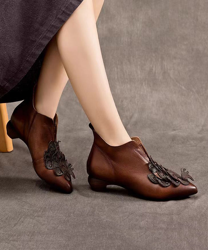 Handmade Retro Coffee Cowhide Leather Pointed Toe Ankle Boots CZ1020