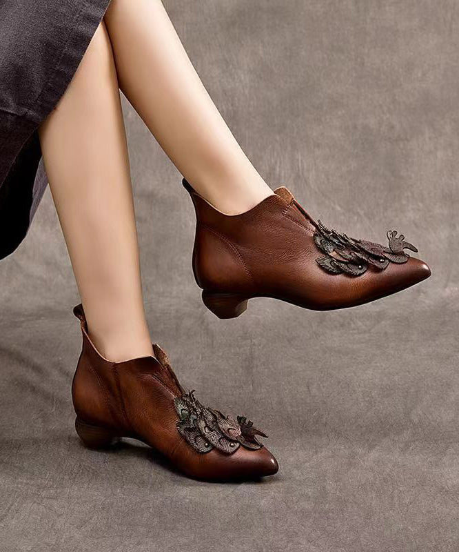 Handmade Retro Coffee Cowhide Leather Pointed Toe Ankle Boots CZ1020