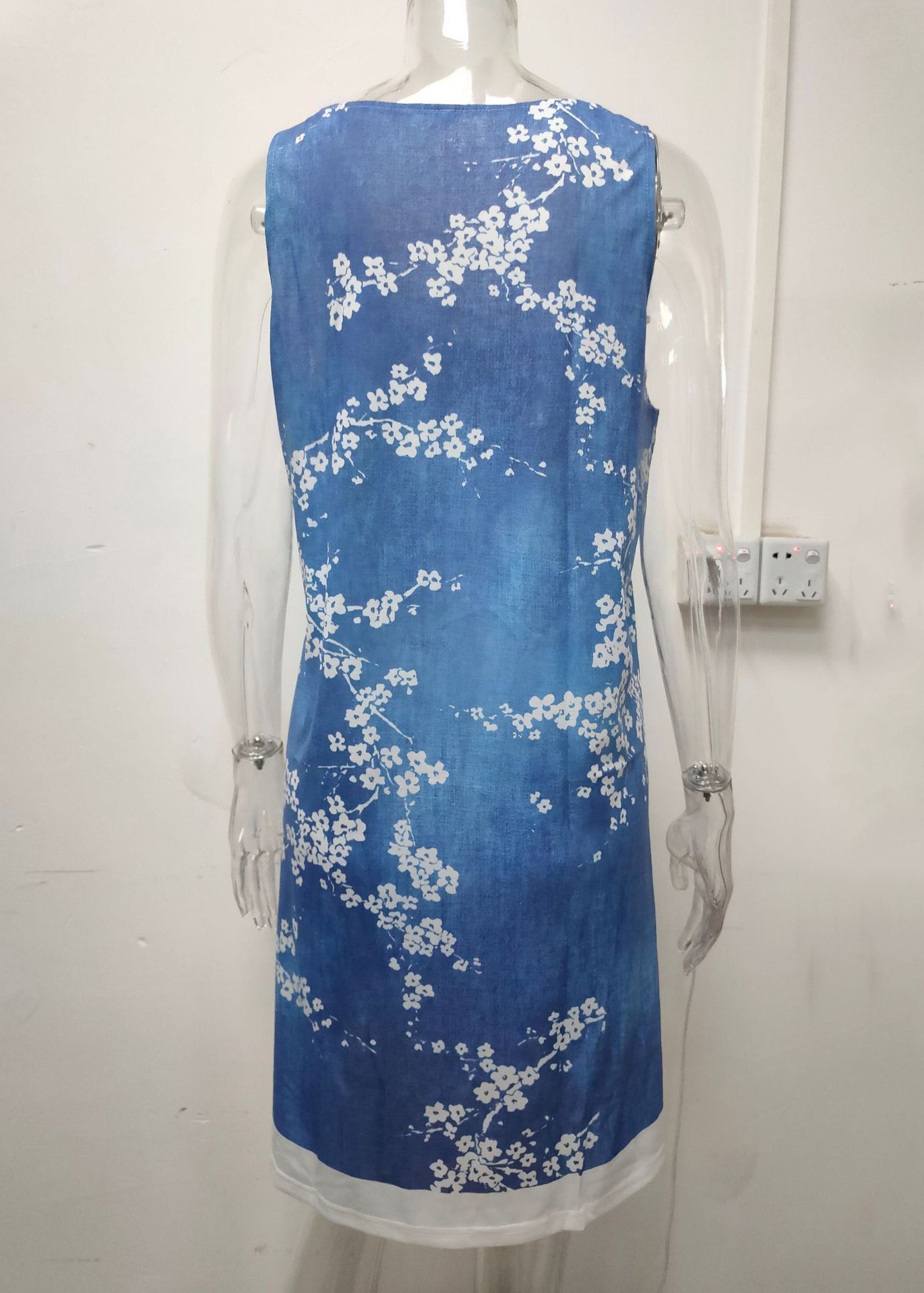 Italian Bird Print False Two Pieces Denim Mid Dress Sleeveless AA1026