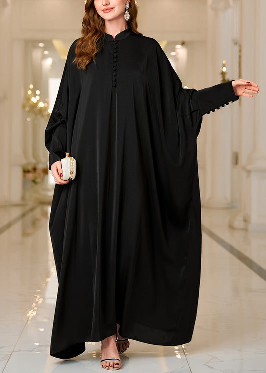 Italian Black Button Solid Cotton Maxi Dresses Batwing Sleeve AA1004