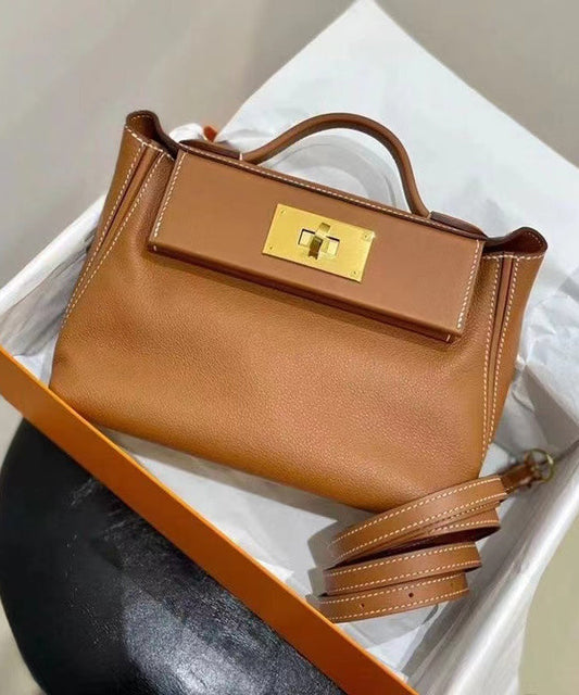 Italian Brown Calf Leather Durable Tote Handbag HJ1055