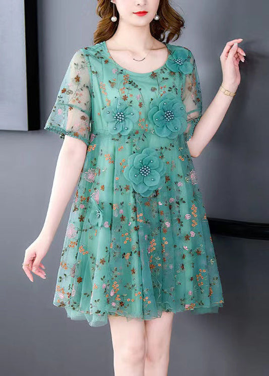 Italian Green O Neck Embroidered Tulle Mid Dress Summer OP1078
