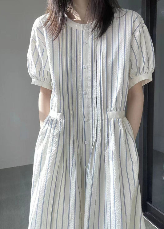Italian O-Neck Striped Cinched Patchwork Party Long Dress Short Sleeve VB1048