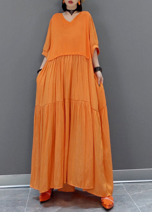 Italian Orange V Neck Patchwork Holiday Maxi Dress Summer VB1002