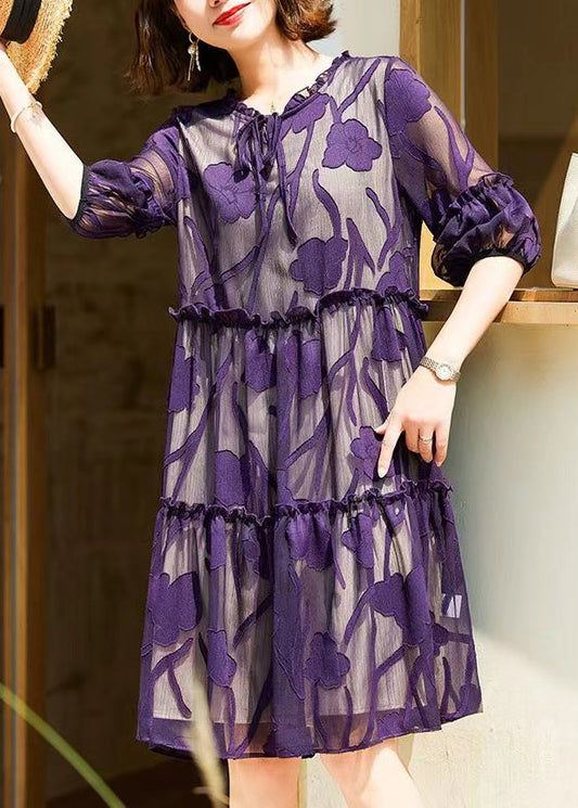 Italian Purple Ruffled Lace Up Chiffon Dresses Half Sleeve OP1011