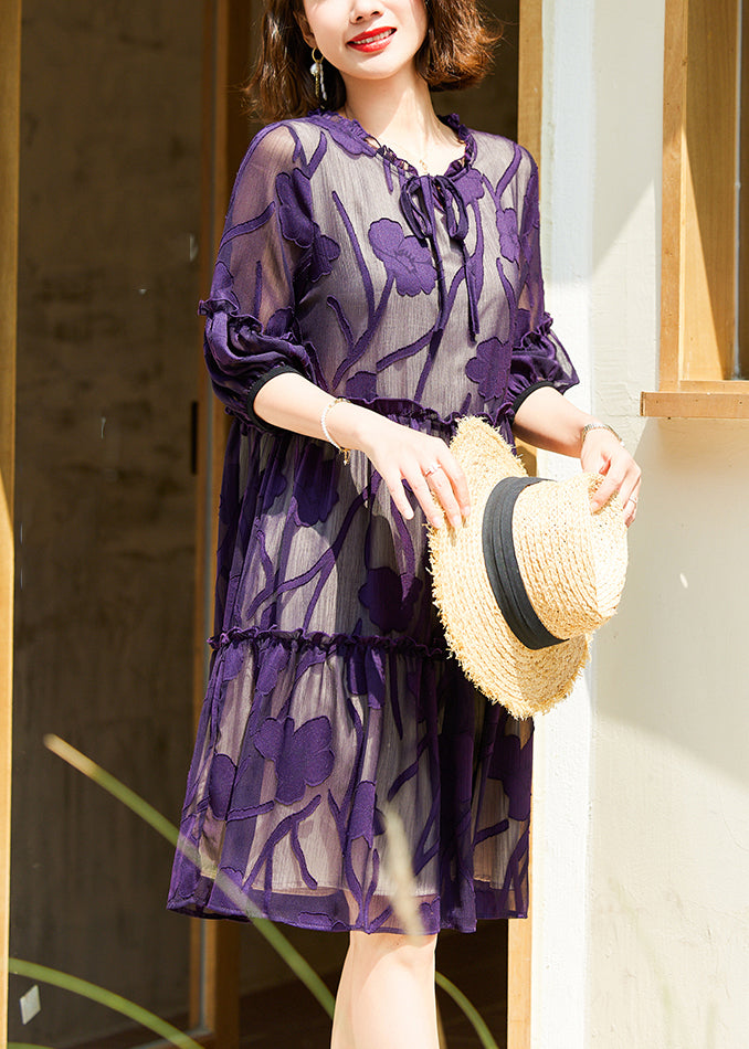Italian Purple Ruffled Lace Up Chiffon Dresses Half Sleeve OP1011