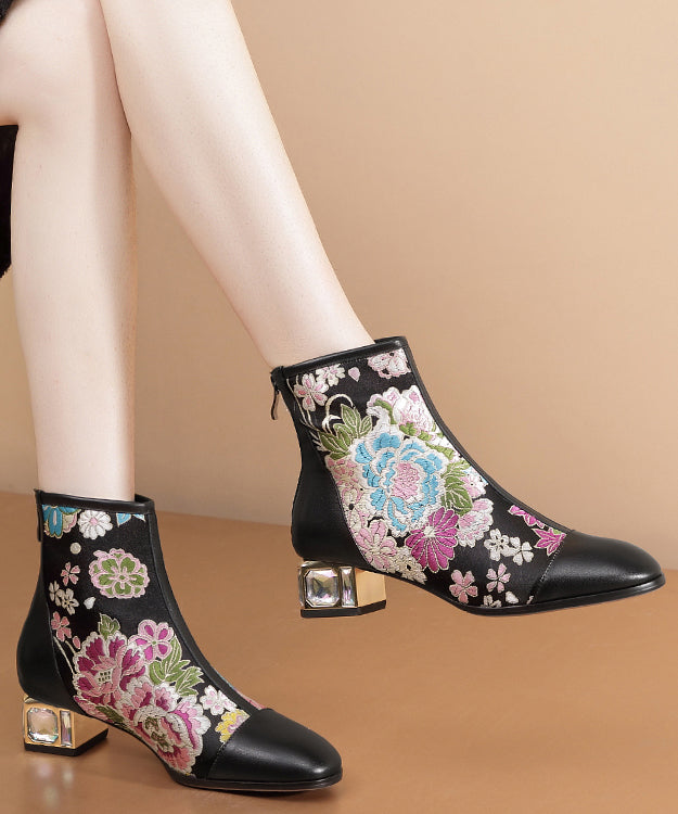 Jacquard Black Zippered Zircon Cowhide Leather Chunky Boots RT1059