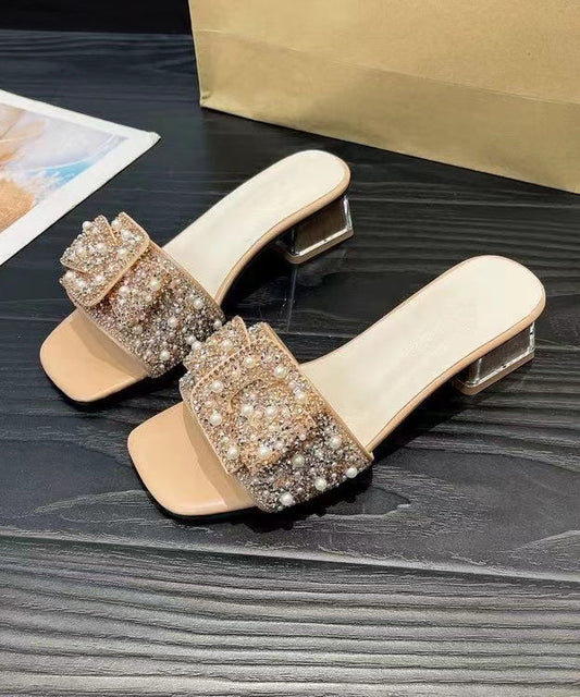 Khaki Chunky Heel Slide Sandals Boutique Zircon Nail Bead RT1022