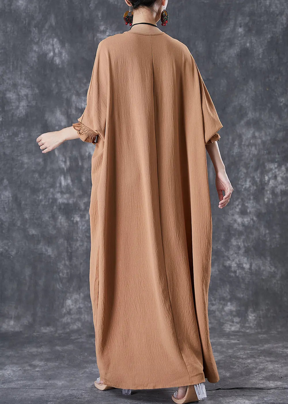Khaki Cotton Holiday Dress Oversized Batwing Sleeve Ada Fashion