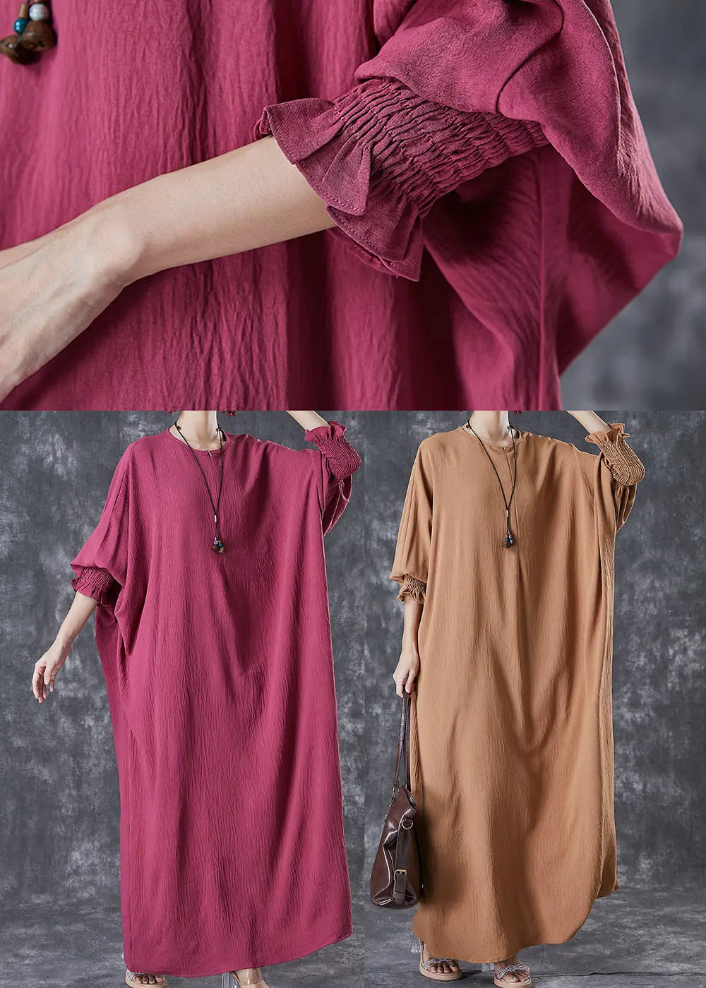 Khaki Cotton Holiday Dress Oversized Batwing Sleeve Ada Fashion