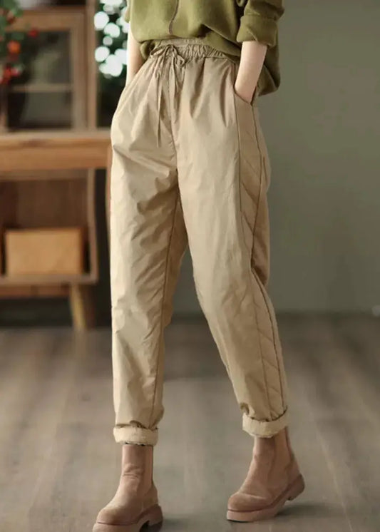 Khaki Pockets Patchwork Fine Cotton Filled Pants Elastic Waist Winter Ada Fashion
