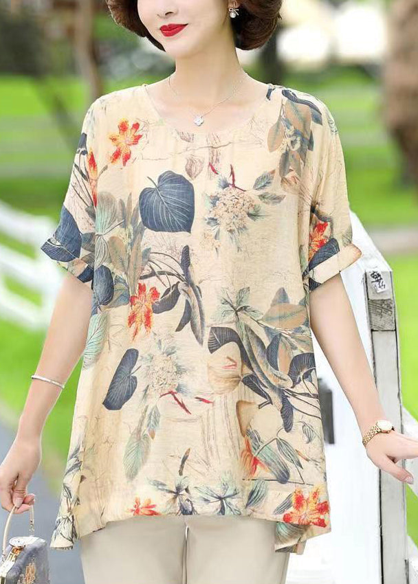 Loose Apricot O Neck Print Cotton T Shirts Short Sleeve OP1010