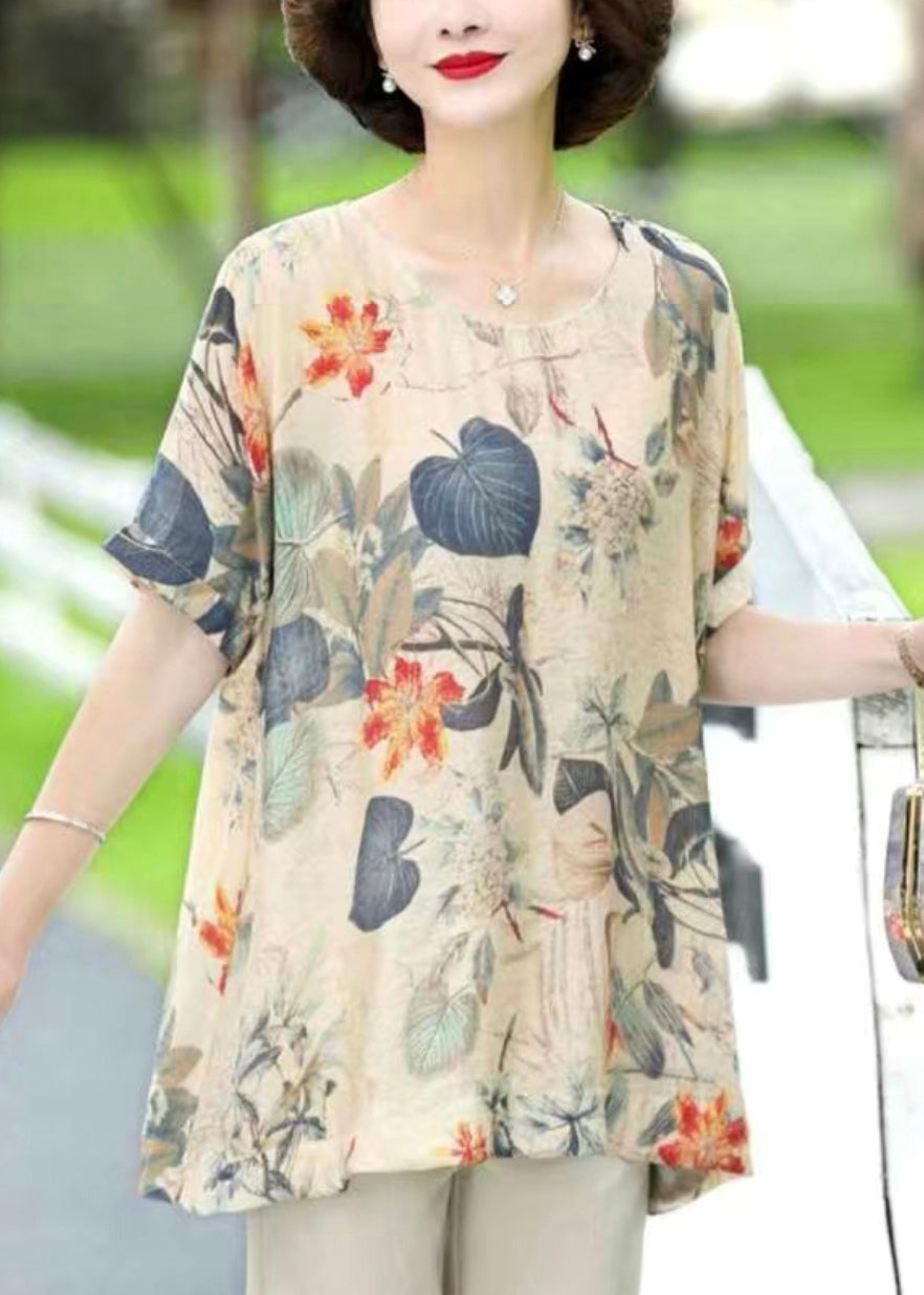 Loose Apricot O Neck Print Cotton T Shirts Short Sleeve OP1010