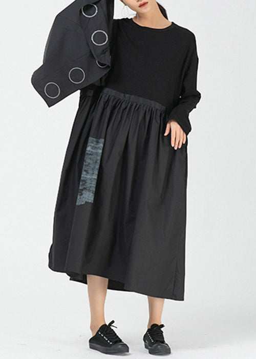 Loose Black Asymmetrical Print Cotton Dress Long Sleeve AA1010