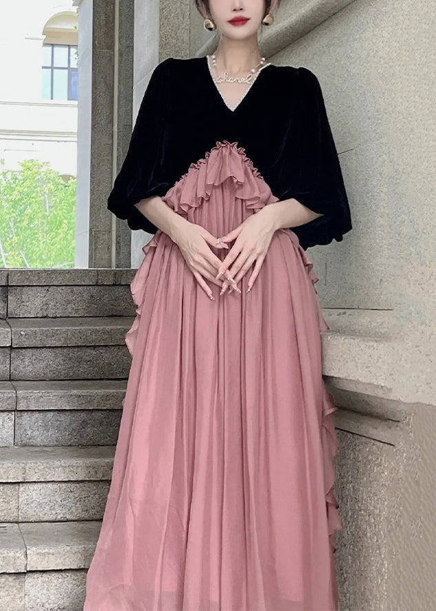 Loose Black Ruffled Patchwork Silk Velvet Dresses Puff Sleeve Ada Fashion