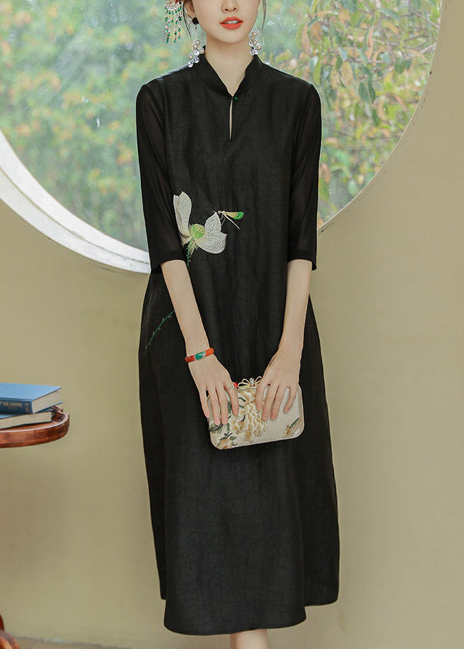 Loose Black Stand Collar Print Pockets Silk Dress Half Sleeve OP1007