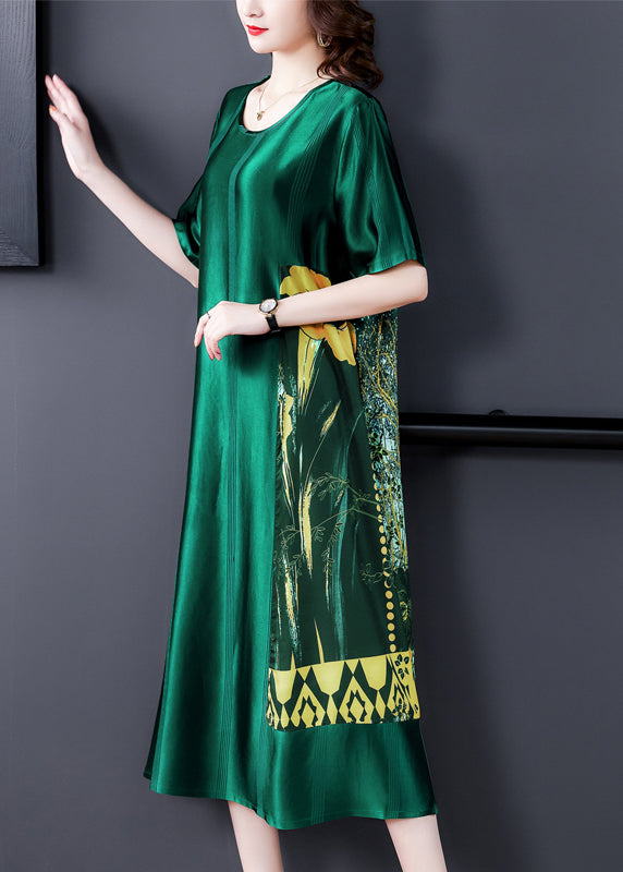 Loose Blackish Green O Neck Print Silk Long Dress Summer OP1049