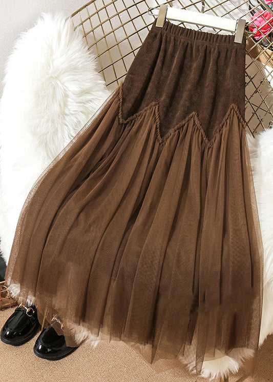 Loose Coffee Ruffled Elastic Waist Patchwork Tulle Skirts Spring Ada Fashion