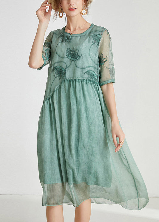 Loose Green Embroidered Patchwork Chiffon Dresses Summer Ada Fashion