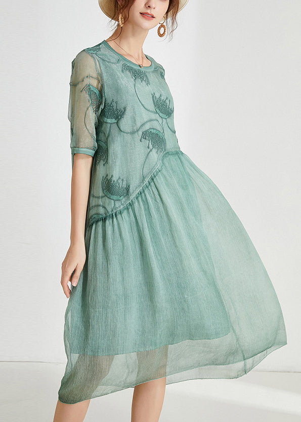 Loose Green Embroidered Patchwork Chiffon Dresses Summer Ada Fashion