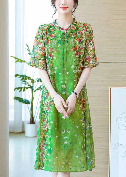 Loose Green Lace Up Print Silk Long Dresses Summer OP1012