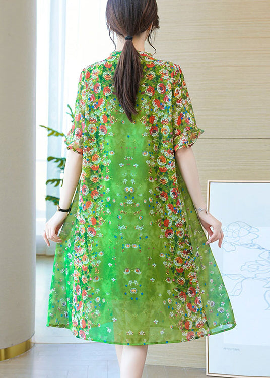 Loose Green Lace Up Print Silk Long Dresses Summer OP1012
