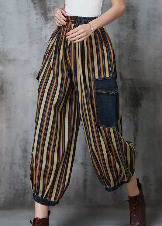 Loose Khaki Striped Patchwork Pockets Denim Pants Spring Ada Fashion