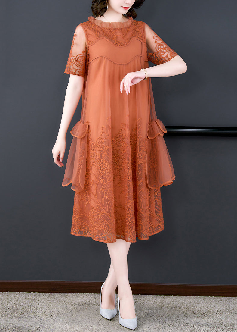Loose Orange Ruffled Embroidered Tulle Dress Summer OP1022