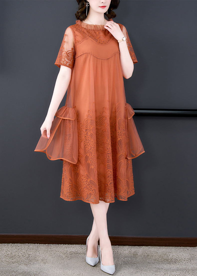 Loose Orange Ruffled Embroidered Tulle Dress Summer OP1022