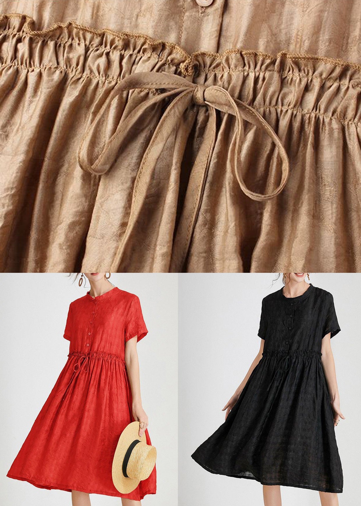 Loose Red Ruffled Tie Waist Silk Dress Short Sleeve Ada Fashion