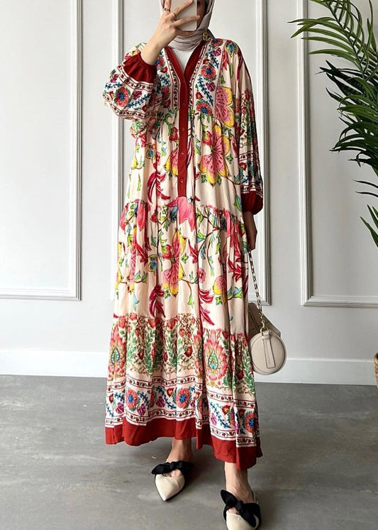 Loose Red V Neck Button Print Cotton Long Dress Long Sleeve AA1012