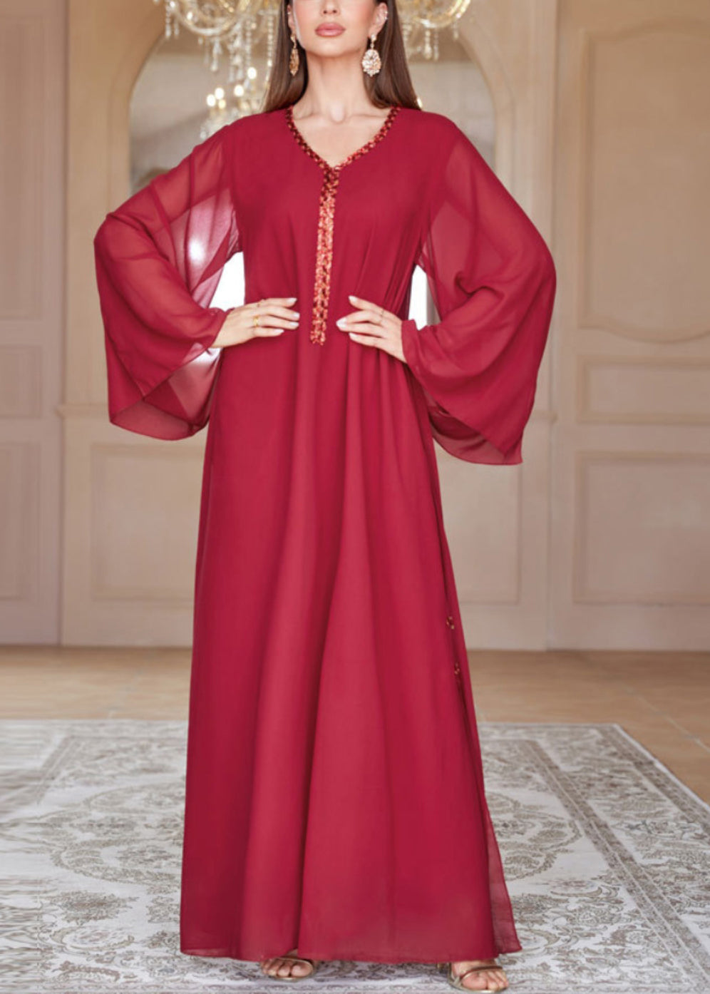 Loose Red V Neck Sequins Chiffon Maxi Dresses Spring AA1002