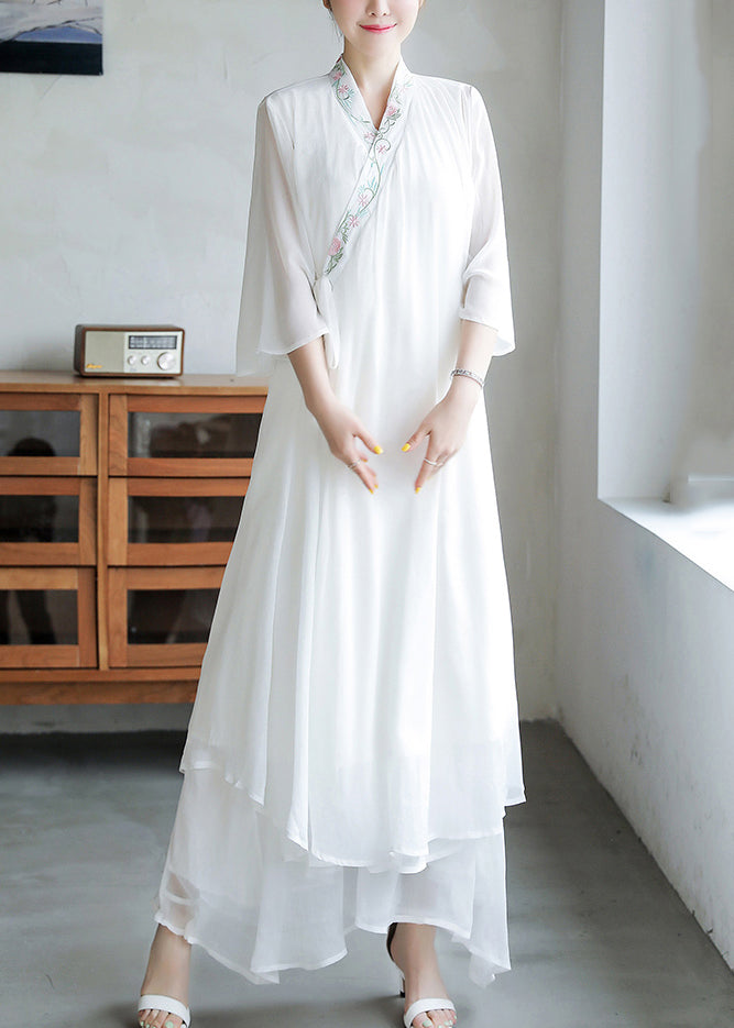 Loose White Embroidered Lace Up Chiffon Dresses Flare Sleeve OP1020