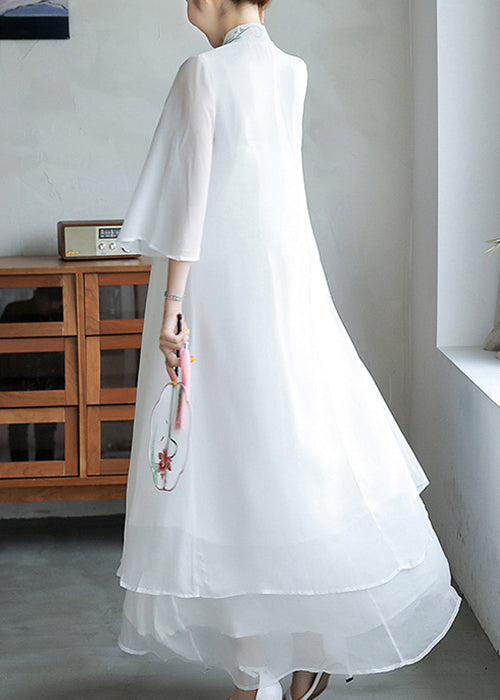 Loose White Embroidered Lace Up Chiffon Dresses Flare Sleeve OP1020