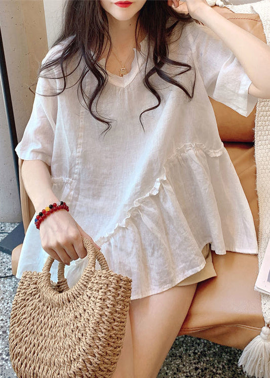 Loose White V Neck Ruffled Cotton T Shirts Summer OP1013