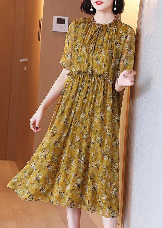 Loose Yellow Ruffled Lace Up Print Silk Dress Summer OP1072