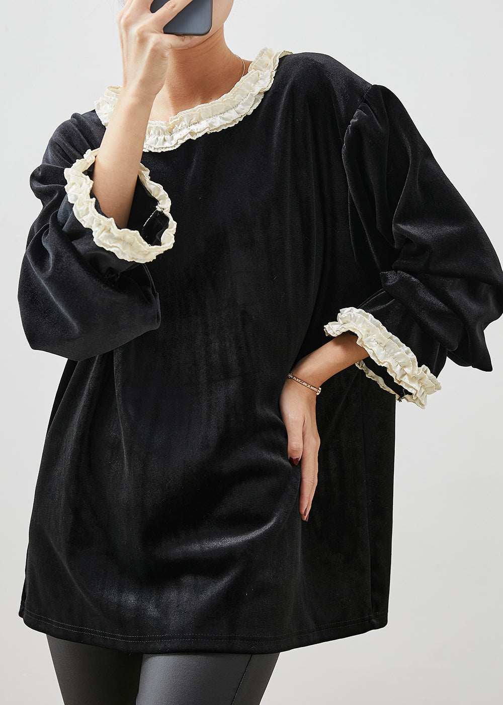 Modern Black Ruffled Patchwork Silk Velvet Loose Tops Spring YU1053