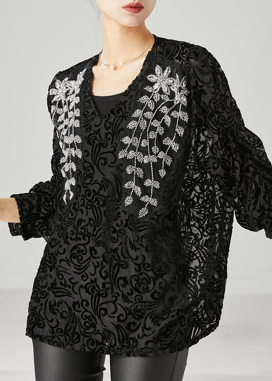 Natural Black Embroidered Jacquard Tulle Shirt Tops Spring YU1049