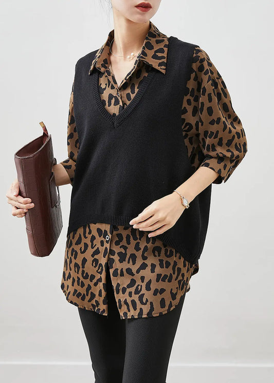 Natural Oversized Leopard Print Knit Vest And Shirt Two Pieces Set Winter Ada Fashion