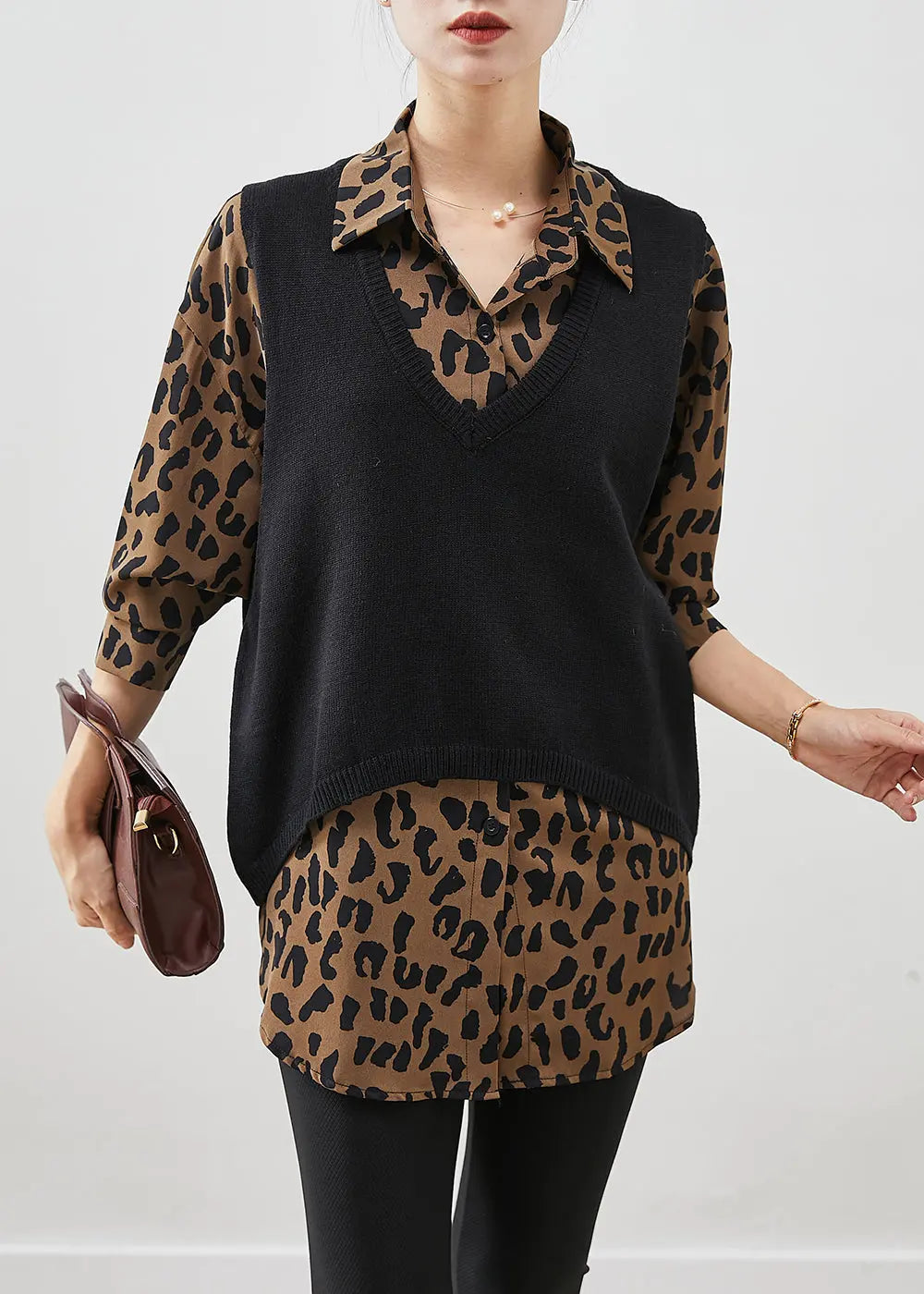 Natural Oversized Leopard Print Knit Vest And Shirt Two Pieces Set Winter Ada Fashion