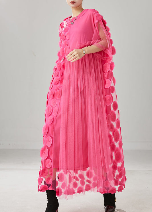 Natural Pink Asymmetrical Patchwork Tulle Maxi Dress Summer YU1014
