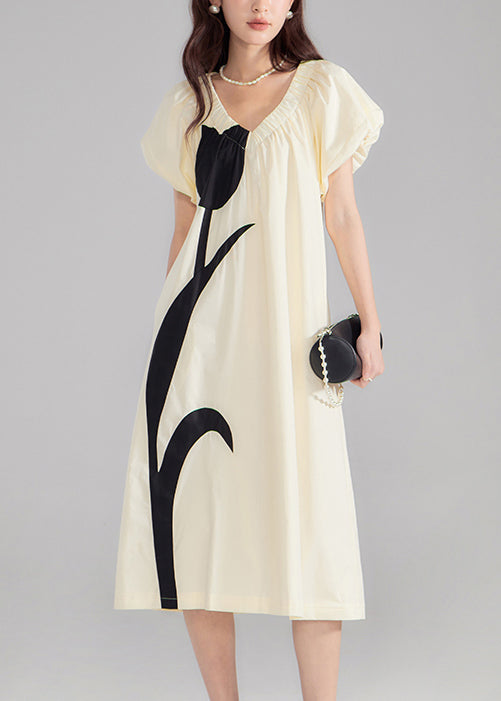 New Beige V Neck Print Solid Cotton Dresses Summer OP1053