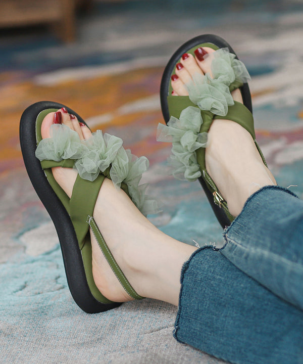New Green Peep Toe Strap Tulle Splicing Genuine Leather Sandals RT1058