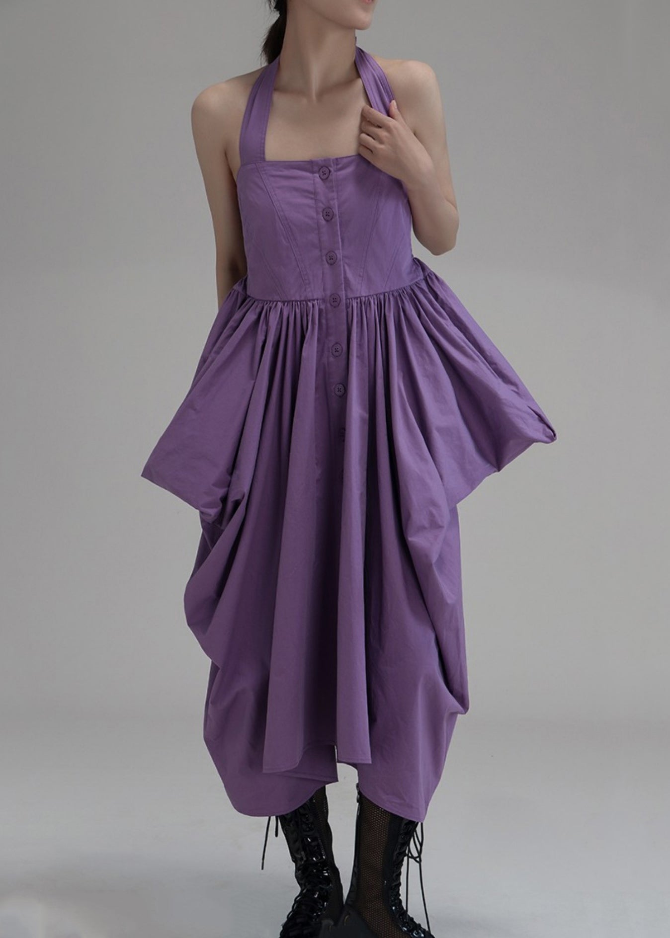 New Purple Asymmetrical Wrinkled Button Cotton Long Dress Sleeveless Ada Fashion