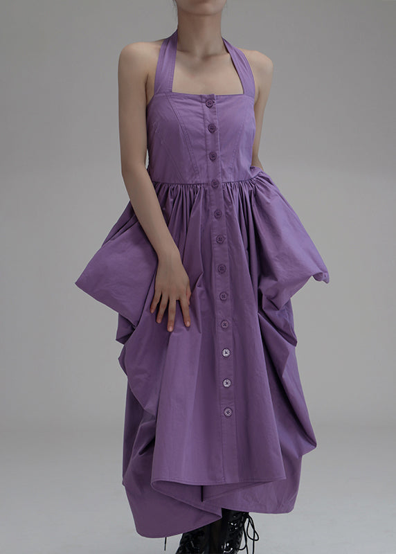 New Purple Asymmetrical Wrinkled Button Cotton Long Dress Sleeveless Ada Fashion