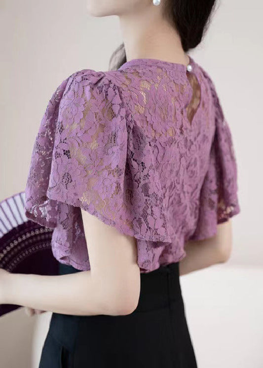 New Purple O-Neck Hollow Out Lace Shirt Summer OP1016